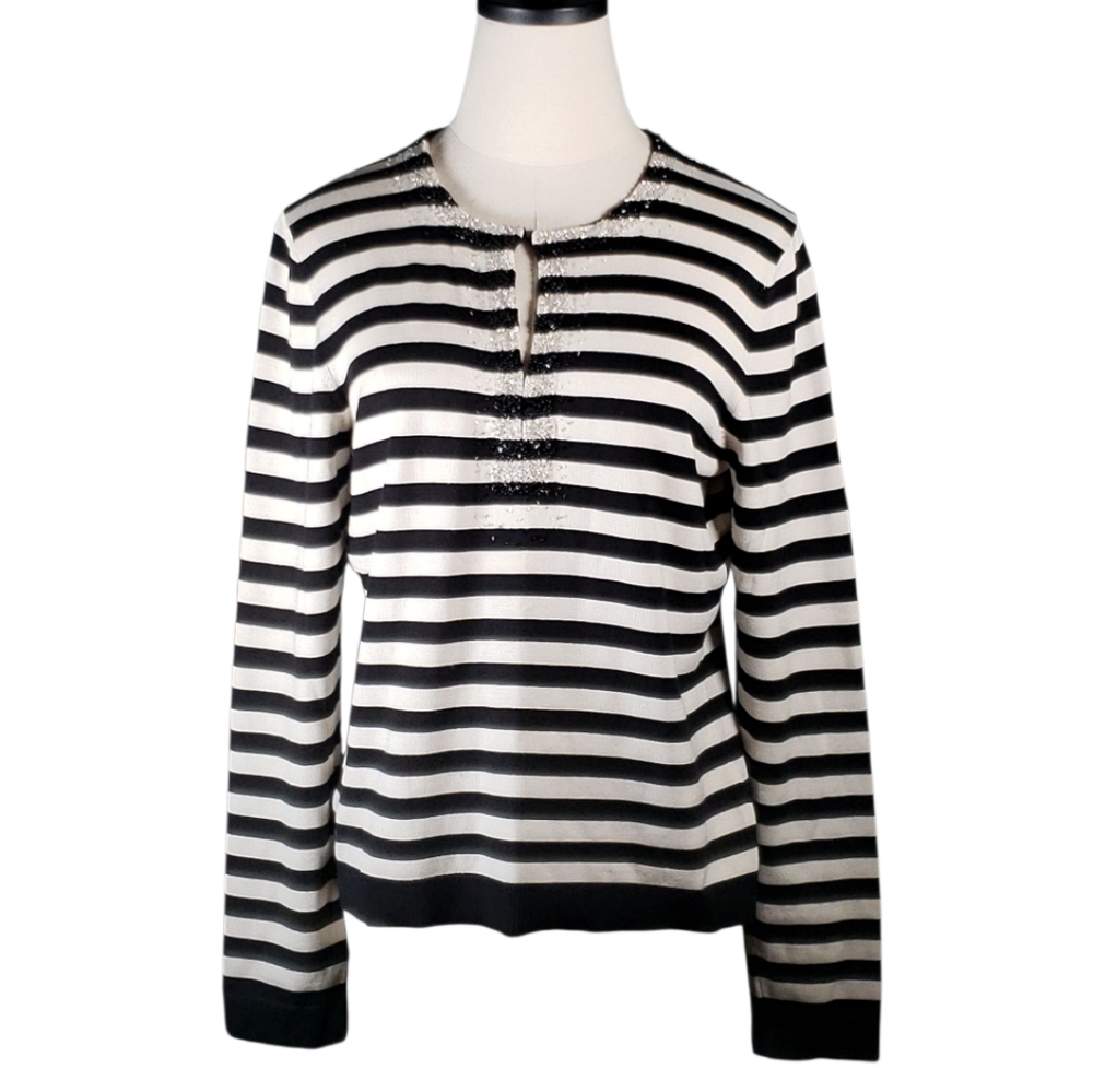 Talbot Silk Striped Beaded Sweater Top Preppy Nautical Keyhole Neckline Event